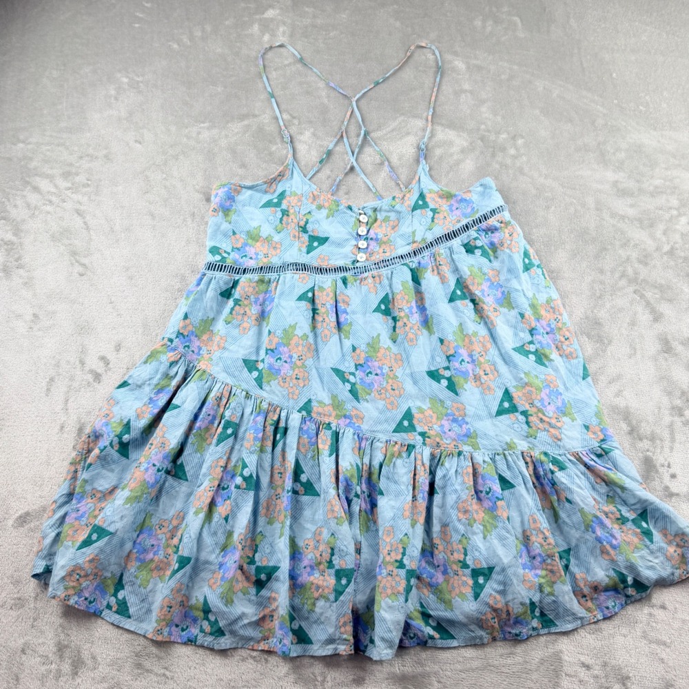 Urban Outfitters Blue Floral Strappy Mini Dress Women Small Boho Tiered Sundress
